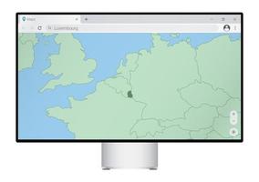 computermonitor mit karte von luxemburg im browser, suchen sie im web-mapping-programm nach dem land luxemburg. vektor