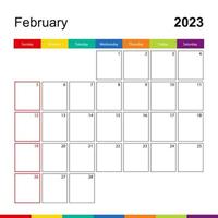 Februar 2023 bunter Wandkalender, Woche beginnt am Sonntag. vektor