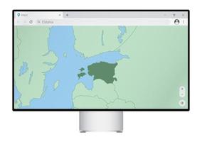 computermonitor mit estlandkarte im browser, suche im web-mapping-programm nach dem land estland. vektor