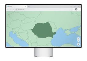 computermonitor mit karte von rumänien im browser, suchen sie im web-mapping-programm nach dem land rumänien. vektor