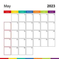 Maj 2023 färgrik vägg kalender, vecka börjar på söndag. vektor