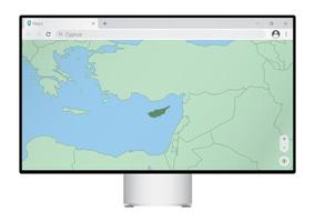 Computermonitor mit Karte von Zypern im Browser, suchen Sie im Web-Mapping-Programm nach dem Land Zypern. vektor