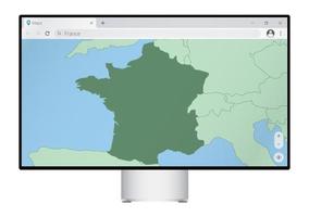 computermonitor mit karte von frankreich im browser, suchen sie im web-mapping-programm nach dem land frankreich. vektor