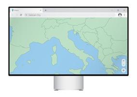 computermonitor mit karte der vatikanstadt im browser, suchen sie im web-mapping-programm nach dem land der vatikanstadt. vektor