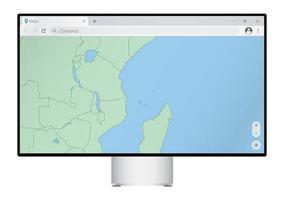 computermonitor mit karte der komoren im browser, suchen sie im web-mapping-programm nach dem land der komoren. vektor