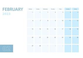 kalender mall för de februari 2023, de vecka börjar på måndag. de kalender är i en blå Färg schema. vektor