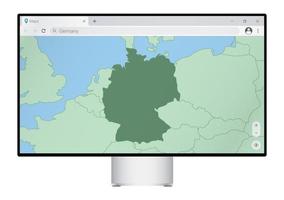 computermonitor mit deutschlandkarte im browser, suche im web-mapping-programm nach dem land deutschland. vektor