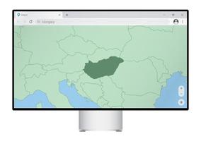 Computermonitor mit Karte von Ungarn im Browser, Suche nach dem Land Ungarn im Web-Mapping-Programm. vektor