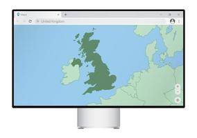 computermonitor mit karte von großbritannien im browser, suchen sie im web-mapping-programm nach dem land von großbritannien. vektor