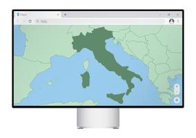 computermonitor mit italienkarte im browser, suche im web-mapping-programm nach dem land italien. vektor