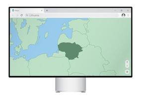 computermonitor mit karte von litauen im browser, suche nach dem land litauen im web-mapping-programm. vektor
