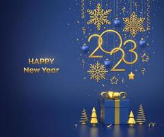 Lycklig ny 2023 år. hängande gyllene metallisk tal 2023 med snöflingor, stjärnor och bollar på blå bakgrund. gåva låda och gyllene metallisk tall eller gran, kon form gran träd. vektor illustration.