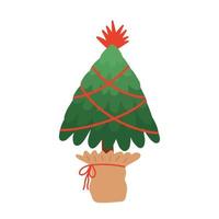 flacher weihnachtsbaum in handgemachter topfvektorillustration. Weihnachtsgrußkarte mit geschmücktem Baum vektor