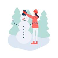 kvinna framställning snögubbe i vinterlandskap. vinter- utomhus- aktivitet. vektor stock illustration