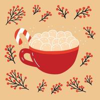 weihnachtswintergetränk mit marshmallows und zuckerstange. weihnachtsgrußkarte mit heißer schokolade und marshmallows-vektorillustration vektor