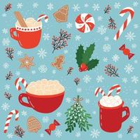 weihnachtsset mit heißer schokoladentasse und marshmallows. Vektor-Weihnachts-Ingwer-Plätzchen und heiße Wintergetränke. vektor