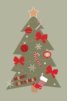 Fröhliche Weihnachten. postkarte mit einem weihnachtsbaum und verschiedenen elementen. süße handgezeichnete illustration. vektor