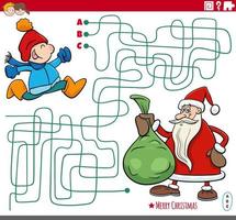 labyrinth mit karikaturweihnachtsmann mit sack voller geschenke und kleiner junge vektor
