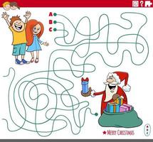 labyrint spel med tecknad serie santa claus med säck av gåvor och barn vektor