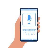 Hand, die Smartphone mit Podcast-Player-Schnittstelle auf dem Bildschirm hält. Musik hören, Online-Radio oder Live-Stream auf dem Konzept der mobilen App vektor