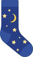 Dunkelblaue Socke mit Sternen und Mond, Illustration, Vektor auf weißem Hintergrund.