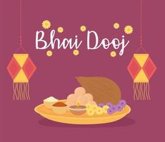 glad bhai dooj. lyktor, blommor och traditionell mat vektor