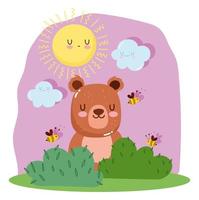 liten björn med bin, gräs, sol och moln vektor