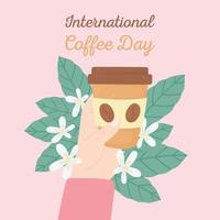 internationell kaffedag. hand med takeaway cup vektor