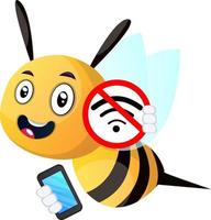 Biene hält ein Telefon, kein Wi-Fi, Illustration, Vektor auf weißem Hintergrund.