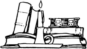 Bücher und Kerze oder brennende Kerze, Vintage-Gravur. vektor