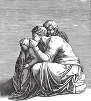 sittande kvinna med man och barn, Adamo scultori, efter michelangelo, 1585, årgång illustration. vektor