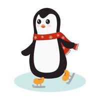 pingvin i en scarf skridskor på is. söt pingvin skridskoåkare. barnslig vektor karaktär. vektor illustration. perfekt för jul kort och dekorativ design.