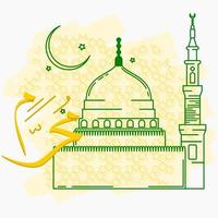 editierbarer vektor der umrissstil-nabawi-moscheenillustration auf gemusterten pinselstrichen mit arabischer kalligrafie von muharram für hijri-neujahr oder islamisches heiliges fest-designkonzept