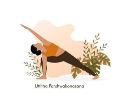 ung kvinna demonstrera uttita parshwakonasana yoga utgör. flicka håller på med övningar mot en bakgrund av abstrakt natur. fysisk och andlig öva. vektor illustration.