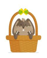 Ein glücklicher Hase, der in einem Korb sitzt. Vektor-Illustration eines Osterhasen. ein Ausflug in die Kirche. Ostern 2022. vektor