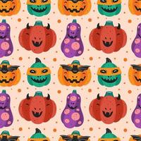 spöklika pumpor i dräkter halloween sömlösa mönster vektor