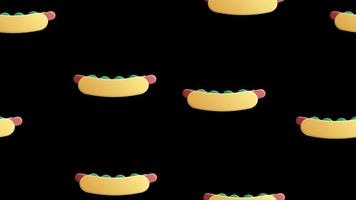 Hotdog auf schwarzem Hintergrund, Vektorillustration, Muster. Wurstsandwich, gefülltes, appetitliches Brötchen. Einrichtung von Küche, Café, Restaurant. Dekoration, Tapeten für die Gastronomie vektor