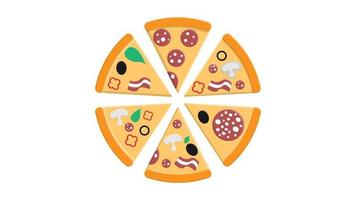 Pizza mit Belägen auf weißem Hintergrund, Vektorillustration. viel Pizzastück mit verschiedenen Belägen aus Salami mit Schmalz, Oliven, Speck und Gemüse. fast-food-snack, salziges essen vektor