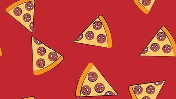 skiva av pizza på tunn deg, på en röd bakgrund, vektor illustration, mönster. pizza fylld med kött och örter, ost. design och dekor av kök, tapet, snabb mat och catering