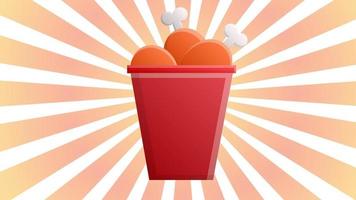 Hähnchenkeulen in einem roten Eimer auf einem weiß-orangefarbenen Retro-Hintergrund, Vektorillustration. köstlich gebackene, panierte Fleischkeulen. Junk-Food Junk-Food. kalorienreiches Fleisch in kochendem Öl gekocht vektor