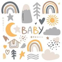 satz niedlicher boho-babyobjekte im skandinavischen stil. Cartoon-Doodle-Kind-Cliparts für Babyparty-Einladungskarte, Kinderzimmer-Dekor, Poster. vektor