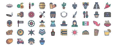 Sammlung von Ikonen im Zusammenhang mit der mexikanischen Nationalität und Kultur, darunter Ikonen wie Agave, Avocado, Fass, Burrito und mehr. vektorillustrationen, pixelperfekter satz vektor