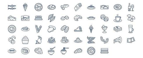Sammlung von Symbolen im Zusammenhang mit italienischem Essen und Gerichten, darunter Symbole wie Sardellen, Arancini, Biscotto, Bombolone und mehr. vektorillustrationen, pixelperfekter satz vektor