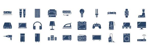 Sammlung von Symbolen im Zusammenhang mit Haushaltsgeräten, einschließlich Symbolen wie Drucker, Glühbirne, Mikrowelle, Waschmaschine und mehr. vektorillustrationen, pixelperfekter satz vektor
