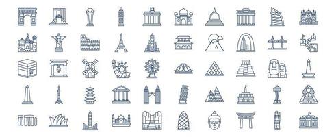 Sammlung von Symbolen zu weltberühmten Sehenswürdigkeiten, darunter Symbole wie Taj Mahal, Taipei, Torii und mehr. vektorillustrationen, pixelperfekter satz vektor