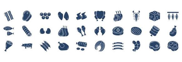 Sammlung von Symbolen im Zusammenhang mit Fleisch und Nicht-Gemüse, einschließlich Symbolen wie Speckstreifen, Rindfleisch, Kaviar, Hühnerbrust und mehr. vektorillustrationen, pixelperfekter satz vektor