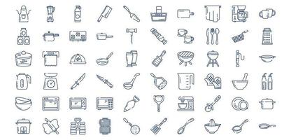 Sammlung von Symbolen im Zusammenhang mit Küchenwerkzeugen, einschließlich Symbolen wie Schürze, Metzgermesser, Herd, Kaffeetasse und mehr. vektorillustrationen, pixelperfekter satz vektor