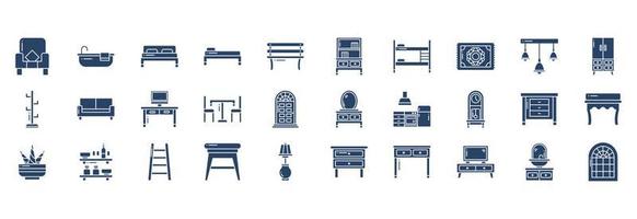 samling av ikoner relaterad till möbel och Hem dekor, Inklusive ikoner tycka om fåtölj, badkar, säng, bänk och Mer. vektor illustrationer, pixel perfekt uppsättning