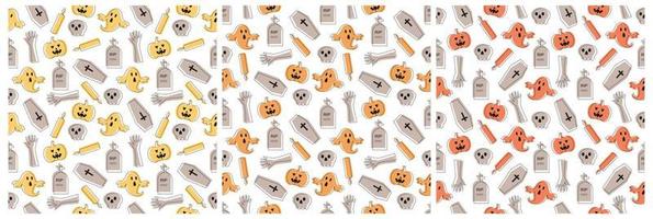 uppsättning av halloween sömlös mönster design med häxa, besatt hus, pumpor eller fladdermöss i mall hand dragen tecknad serie platt illustration vektor