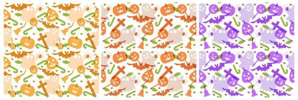 uppsättning av halloween sömlös mönster design med häxa, besatt hus, pumpor eller fladdermöss i mall hand dragen tecknad serie platt illustration vektor